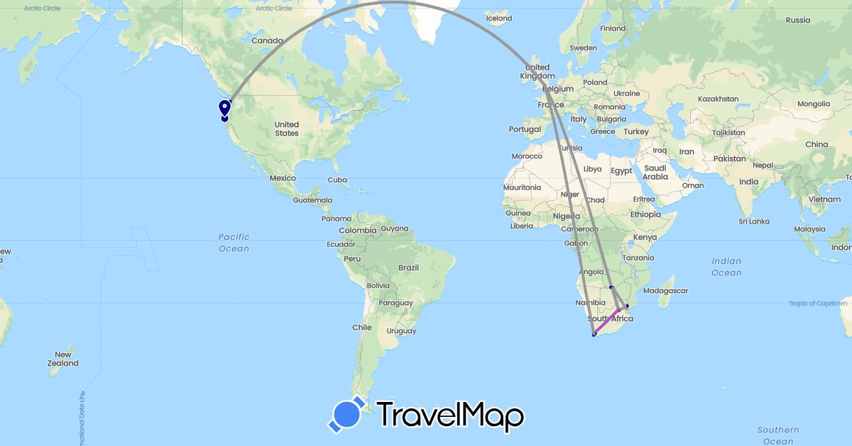 TravelMap itinerary: driving, bus, plane, train in Botswana, United Kingdom, United States, South Africa, Zambia, Zimbabwe (Africa, Europe, North America)